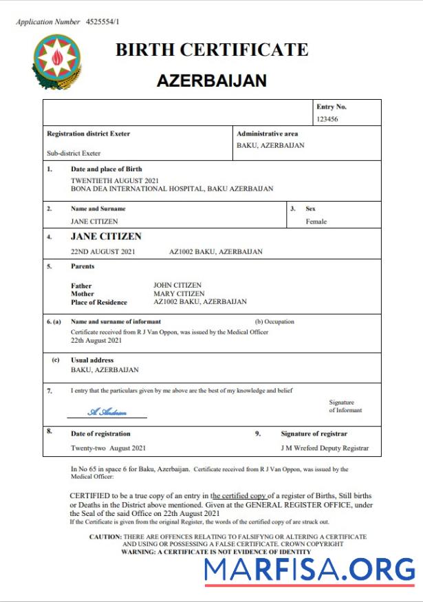 Printable Azerbaijan vital record birth certificate Word and PDF template